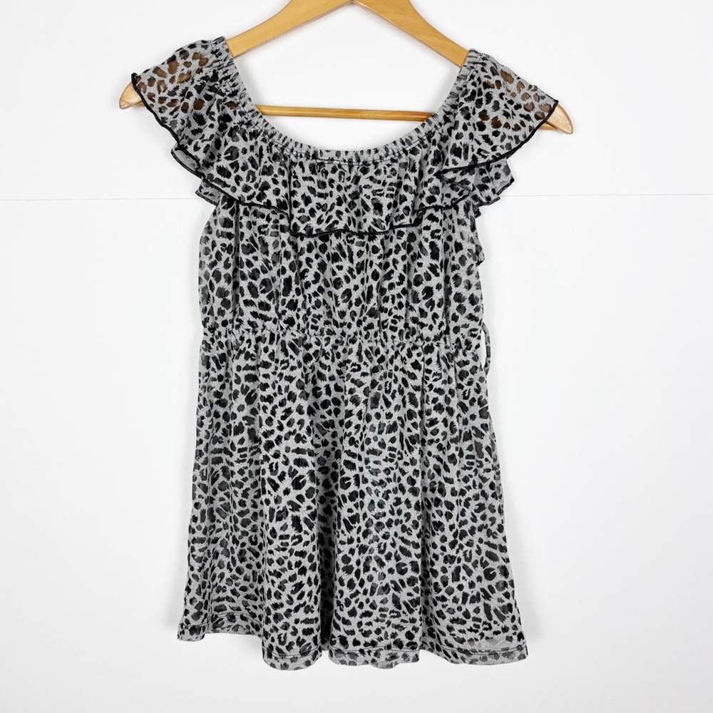 Taheri Y2K Vintage Top Size Medium Baby Doll Off the Shoulder Gray Black Printed - Picture 2 of 7